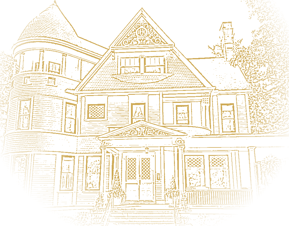 An engraving of Lake Cliff in gold: the round tower, the front gable with its crest, and the porch.
